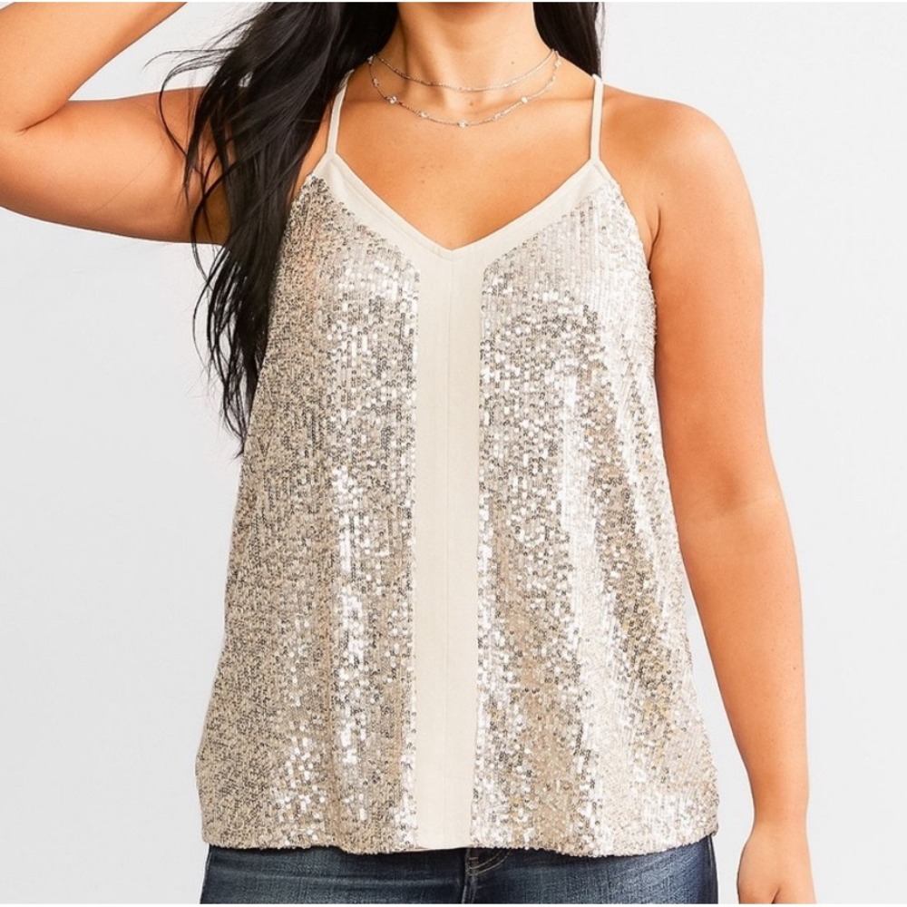 Maurices Sequin Cami Tank Top Women 2X Champagne V-Neck Adjustable Straps Glam